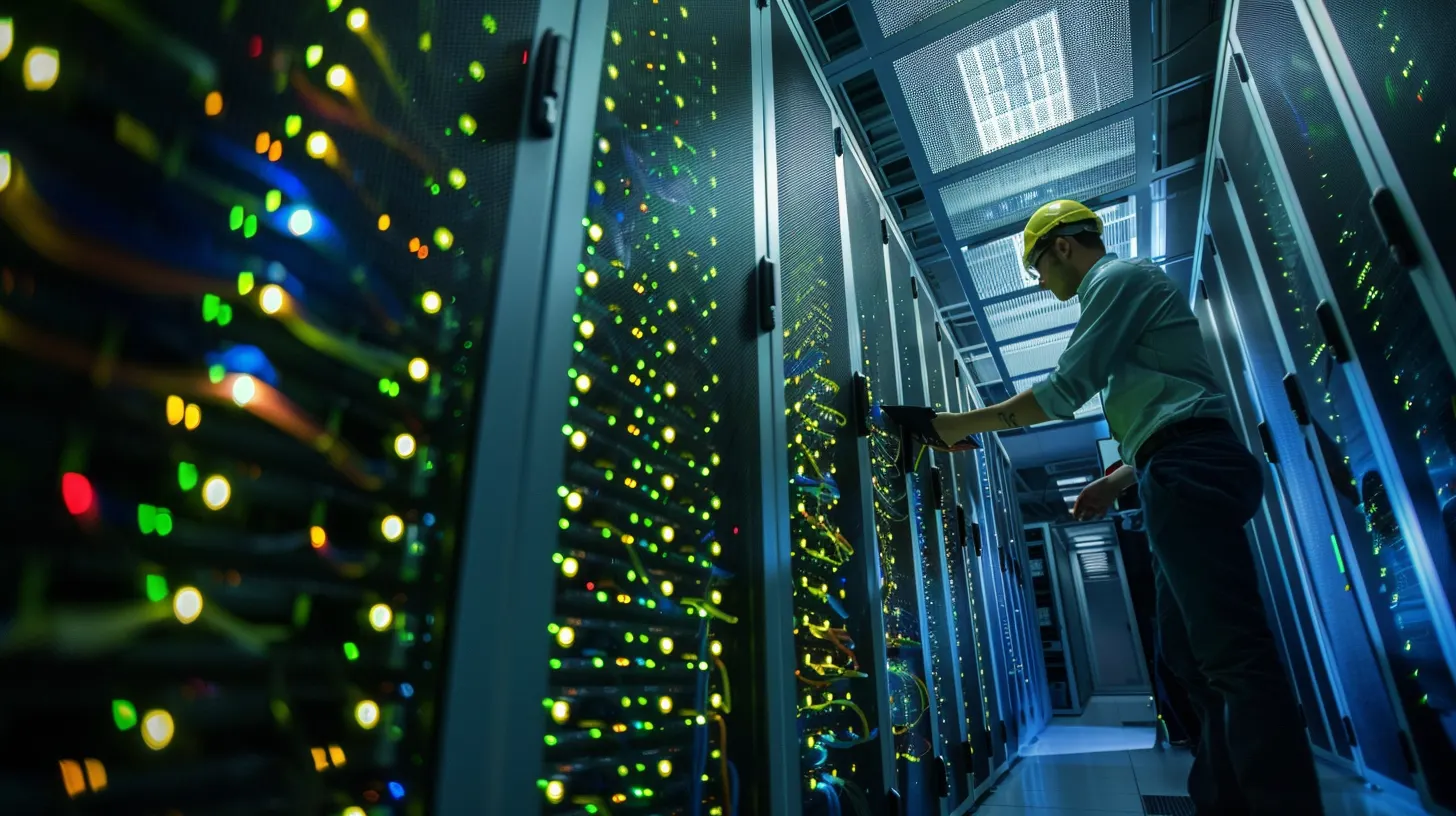 Técnico a instalar cablagem estruturada num bastidor de servidores